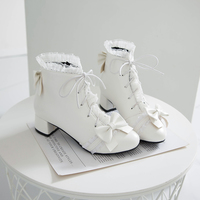Japanese Sweet Princess Fairy Girl Bow Lace White Cream Pink High Heels Boots - Thumbnail 2