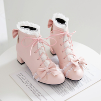 Japanese Sweet Princess Fairy Girl Bow Lace White Cream Pink High Heels Boots - Thumbnail 1