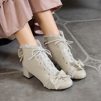 Japanese Sweet Princess Fairy Girl Bow Lace White Cream Pink High Heels Boots - Thumbnail 3