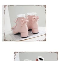 Japanese Sweet Princess Fairy Girl Bow Lace White Cream Pink High Heels Boots - Thumbnail 6