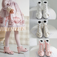 Japanese Sweet Princess Fairy Girl Bow Lace White Cream Pink High Heels Boots - Thumbnail 5