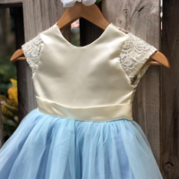 Floor Length Blue Satin and Lace Flower Girl Dress - Thumbnail 1