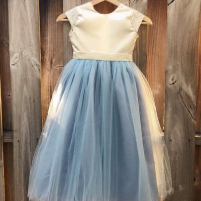 Floor length blue satin and lace flower girl dress