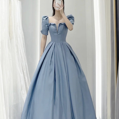 Blue satin long a line prom dress blue evening dress - Thumbnail 4
