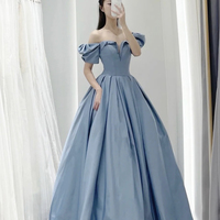 Blue satin long A line prom dress blue evening dress - Thumbnail 1