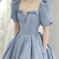 Blue satin long A line prom dress blue evening dress - Thumbnail 2