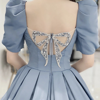 Blue satin long A line prom dress blue evening dress - Thumbnail 3