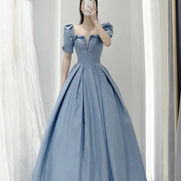 Blue satin long A line prom dress blue evening dress - Thumbnail 4