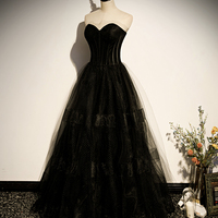 Black tulle long A line prom dress black evening dress - Thumbnail 1