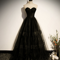 Black tulle long A line prom dress black evening dress - Thumbnail 4