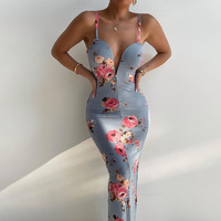 Women's Sling Deep V Package Hip Slim Print Dress - Thumbnail 1