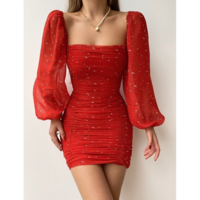 Tight Backless Puff Sleeve Chiffon Print Dress - Thumbnail 3