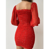 Tight Backless Puff Sleeve Chiffon Print Dress - Thumbnail 4