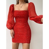 Tight Backless Puff Sleeve Chiffon Print Dress - Thumbnail 1