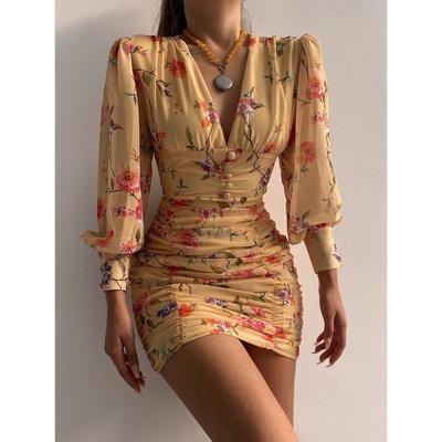 Sexy V-Neck Tight-Fitting Hip High-Waist Chiffon Print Dress