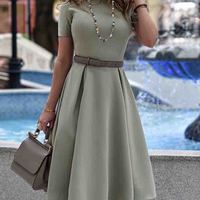 Women's Solid Color Round Neck Short Sleeve Dress - Thumbnail 2