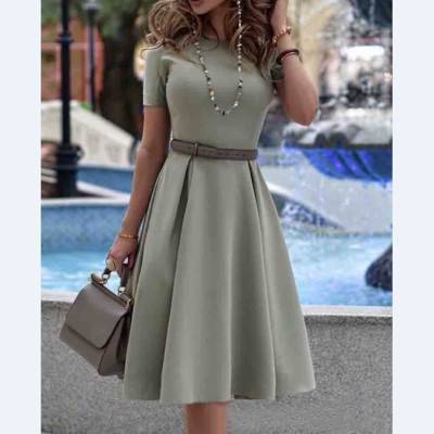 Women's solid color round neck short sleeve dress - Thumbnail 5