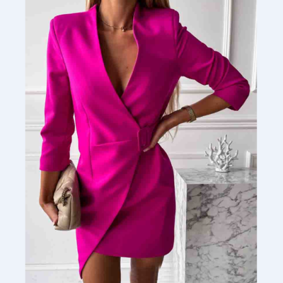 Solid color v-neck long sleeve dress - Thumbnail 4