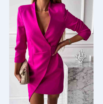 Solid Color V-Neck Long Sleeve Dress