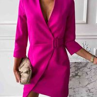 Solid Color V-Neck Long Sleeve Dress - Thumbnail 1