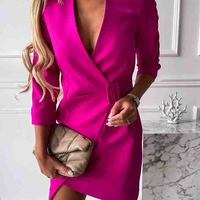 Solid Color V-Neck Long Sleeve Dress - Thumbnail 2
