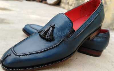 New Handmade Navy Blue Tassels Loafer Leather Formal Shoes