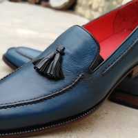 New Handmade Navy Blue Tassels Loafer Leather Formal Shoes - Thumbnail 1