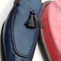 New Handmade Navy Blue Tassels Loafer Leather Formal Shoes - Thumbnail 2