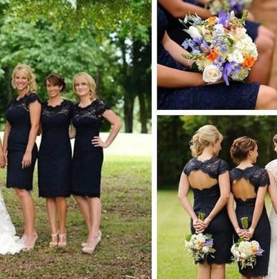 Navy Blue Lace Bridesmaid Dresses Knee Length