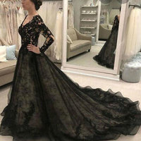 Black Lace Wedding Dresses Bridal Gown with Sleeves - Thumbnail 1