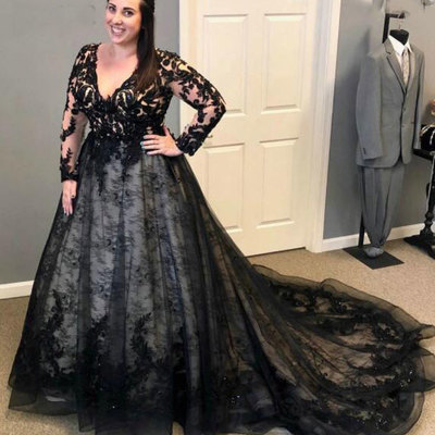 Black v neck wedding dresses bridal gown with sleeves - Thumbnail 2