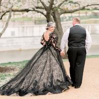 Black V Neck Wedding Dresses Bridal Gown with Sleeves - Thumbnail 1