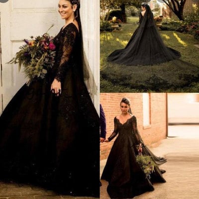 V neck black wedding dresses bridal gown with sleeves hju - Thumbnail 2