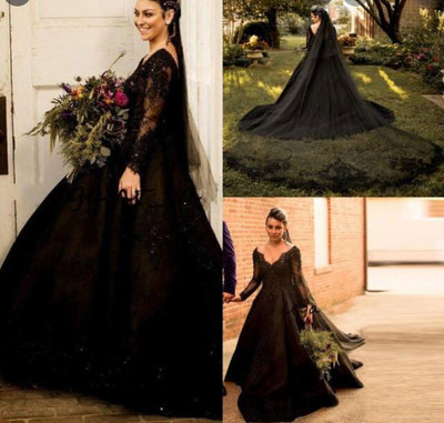 V Neck Black Wedding Dresses Bridal Gown with Sleeves HJU