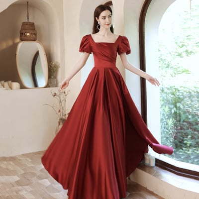 Burgundy satin long a line prom dress evening dress - Thumbnail 3