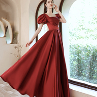 Burgundy satin long A line prom dress evening dress - Thumbnail 1