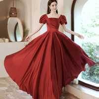 Burgundy satin long A line prom dress evening dress - Thumbnail 2