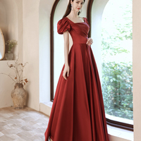 Burgundy satin long A line prom dress evening dress - Thumbnail 3