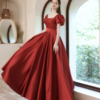 Burgundy satin long A line prom dress evening dress - Thumbnail 4