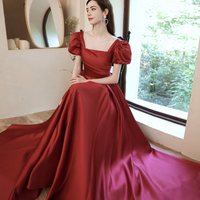 Burgundy satin long A line prom dress evening dress - Thumbnail 5
