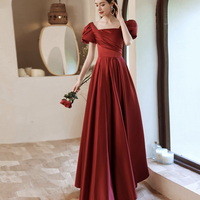 Burgundy satin long A line prom dress evening dress - Thumbnail 6
