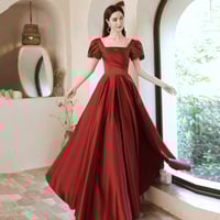 Burgundy satin long A line prom dress evening dress - Thumbnail 8