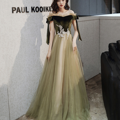 Green velvet tulle long a line prom dress evening dress - Thumbnail 2