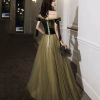 Green velvet tulle long A line prom dress evening dress - Thumbnail 5