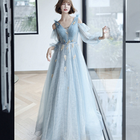 Blue tulle lace long A line prom dress evening dress - Thumbnail 1