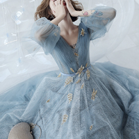 Blue tulle lace long A line prom dress evening dress - Thumbnail 2