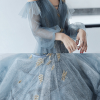 Blue tulle lace long A line prom dress evening dress - Thumbnail 3