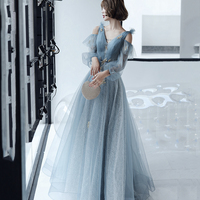 Blue tulle lace long A line prom dress evening dress - Thumbnail 5