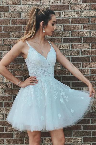 SP1628,White Lace A-line Homecoming Dresses,Lace Up Back Mini Back to School Dresses