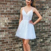 SP1628,White Lace A-line Homecoming Dresses,Lace Up Back Mini Back to School Dresses - Thumbnail 1